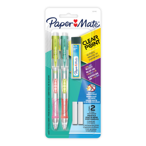 Paper Mate Clearpoint Mechanical Pencil, Break-Resistant, Color Block Edition, HB #2 Lead (0.7mm), Includes Eraser and Lead Refills, 5 Piece Set