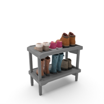 (CUSMA form attached) Rakabot Plastico 2 tier affordable water and mud collecting shoe and boot rack that stores 4 pairs. Stackable to 6 tier. Sturdy plastic easy to clean. Light grey color. Made In Canada Invention.