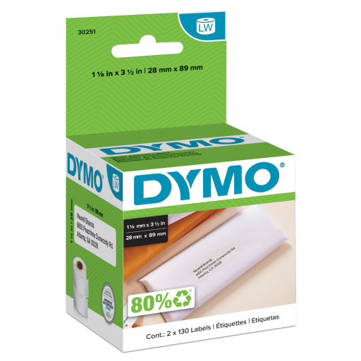 DYMO Authentic LW White Mailing Address Labels, DYMO Labels for LabelWriter Label Printers, 1-1/8" x 3-1/2", 2 Rolls of 130 (260 Total)