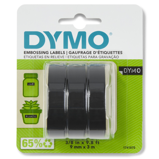 DYMO Self-Adhesive Embossing Labels, White Print on Black Tape, 3/8" x 9.8-Foot Rolls, 3 Pack