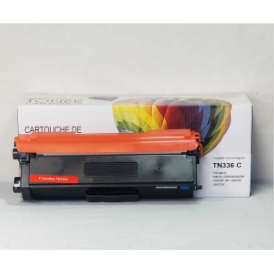 Remanufactured Brother TN336 cyan high-yield toner cartridge with orange protector and box.