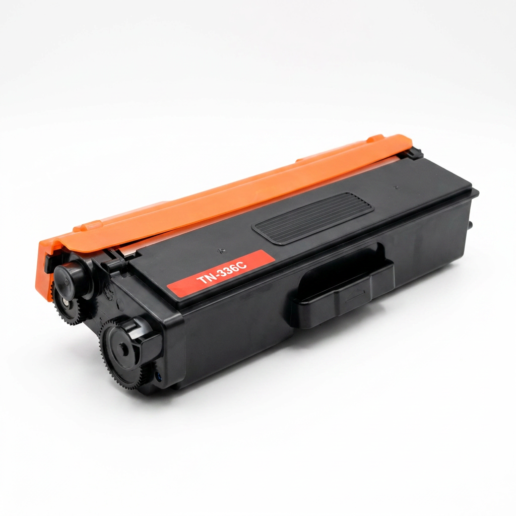 A photorealistic studio product photo of the black and orange TN-336C toner cartridge, angled left on a pure white background with a soft shadow.
