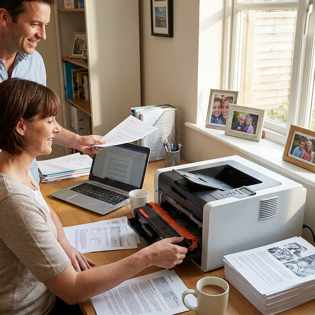 A couple works in a home office, with the woman inserting the Balloon Brand CTTN336C toner into a printer for a large print job.