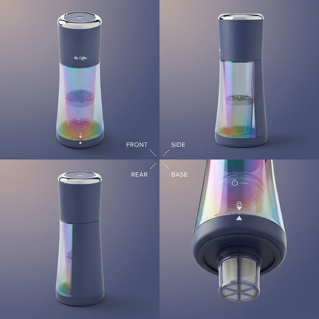 Multi-panel view show casing front, side, and rear angles, with a close-up of the filter removed from the base, on an indigo gradient.