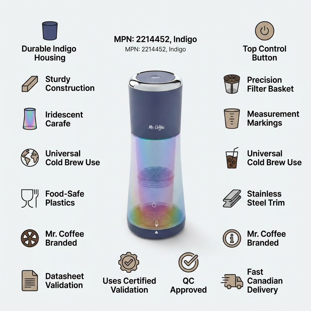 Infographic matrix for the Indigo Mr. Coffee Cold Brew Maker featuring product details and factual cues.