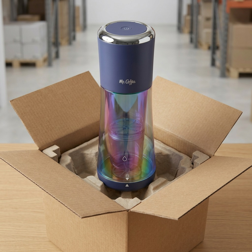 A neutral, protective unboxing scene of the Mr. Coffee indigo and iridescent cold brew maker.