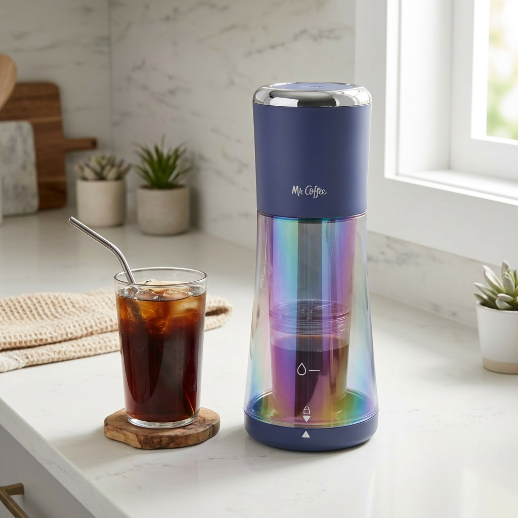 A 3:4 lifestyle photo shows the Mr. Coffee Indigo Cold Brew Maker on a home kitchen counter next to a glass of fresh cold brew coffee.