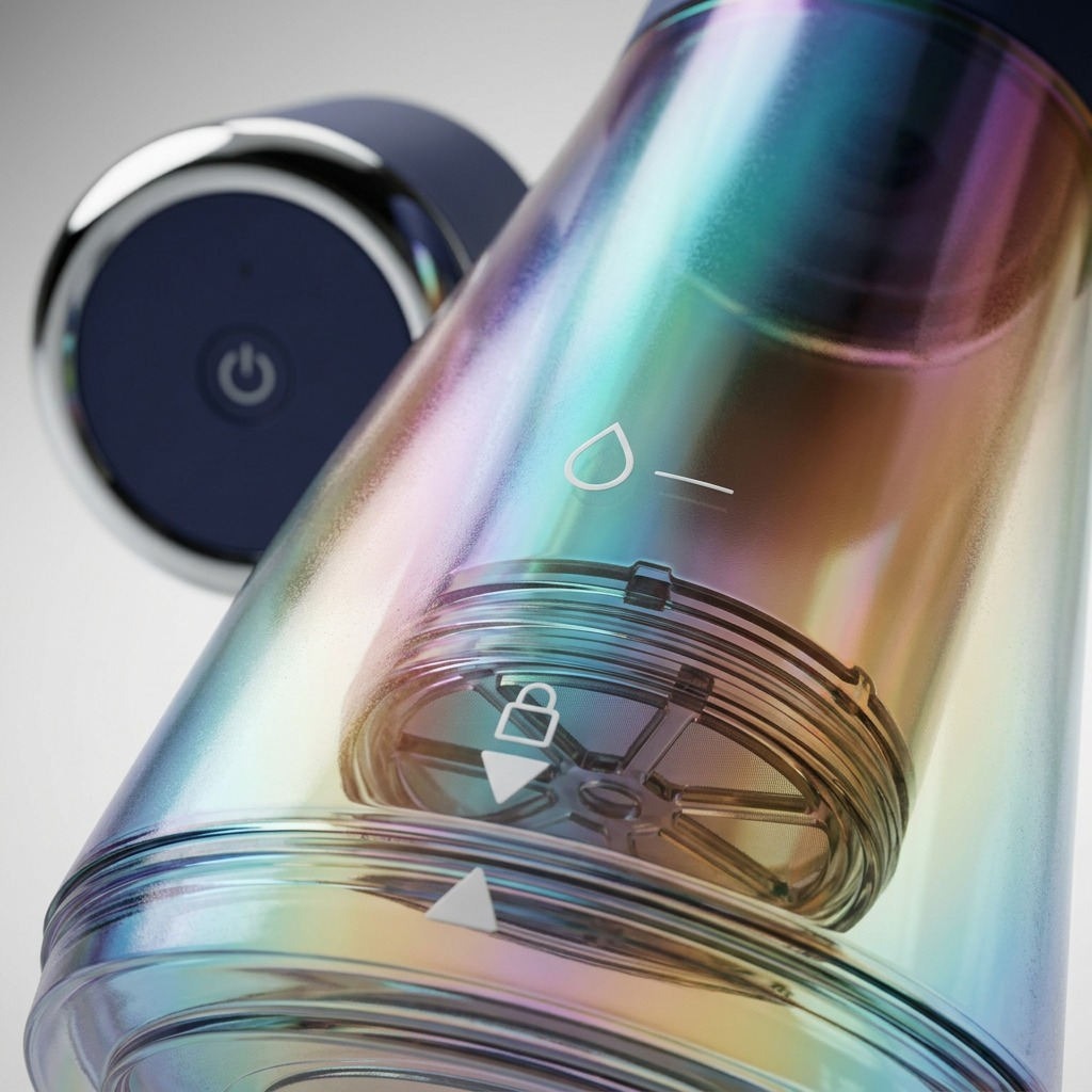 Extreme close-up of the Mr. Coffee Express Cold Brew Maker's iridescent carafe and precision water-line markings.