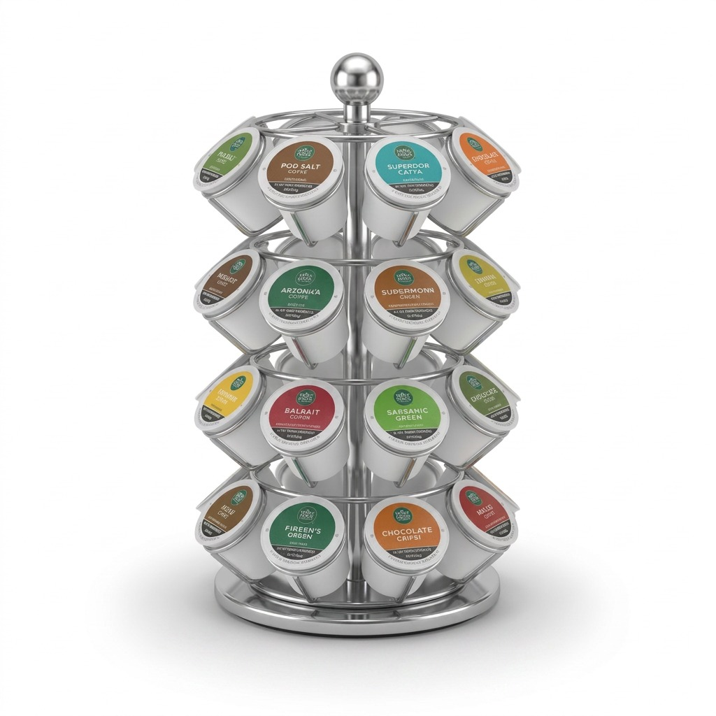 High-resolution hero shot of the chrome wire Keurig K-Cup Carousel, holding 16 original-style capsules.