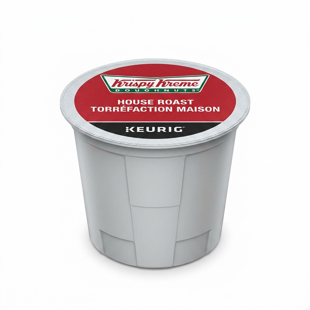 High-resolution hero shot of a single Krispy Kreme House Roast K-Cup against a white background.
