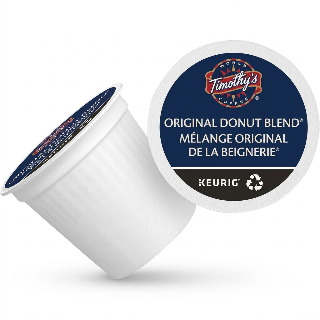 Timothy's Original Donut Blend K-Cup pod with detailed lid and textured body.