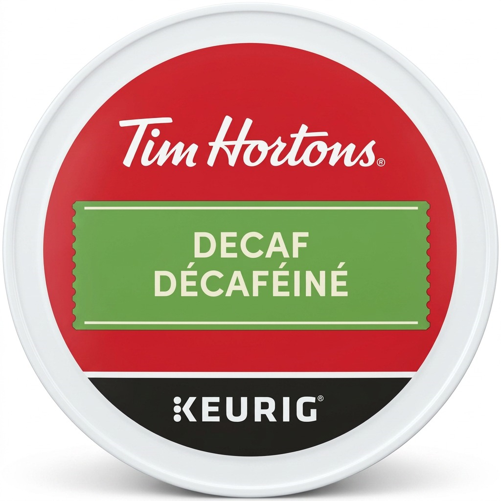 A high-resolution, centered image of a Tim Hortons Decaf Keurig K-Cup, exactly matching the canonical visual reference, with crisp details on a clean white background.