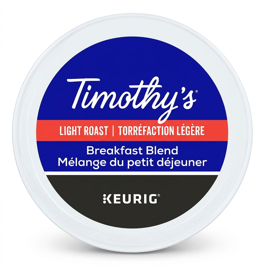 Pure high-resolution hero shot of a single Timothy's Breakfast Blend K-Cup, exactly as referenced in image_0.png, centrally positioned on a pure white background with a subtle, soft shadow, suitable for a Shopify product page. All label details, colors, and the Keurig logo are sharp and clear.