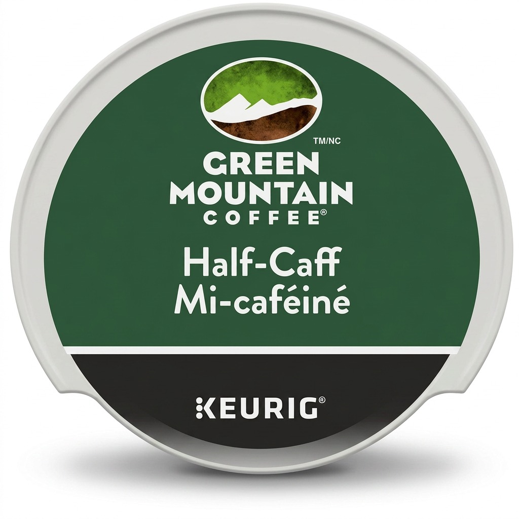 Hero shot of a Green Mountain Coffee Half-Caff K-Cup pod for Keurig brewers.