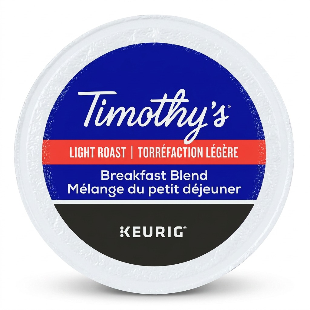 A professional, high-resolution product photograph showing the Timothy's Breakfast Blend K-Cup as seen in image_0.png, resting horizontally. The entire circular top label is visible, replicating the exact 'Timothy's' and 'Keurig' branding, color bands, and dual-language product descriptions for content and roast. It has a clean, natural shadow on a pure white background, showcasing all features sharply.