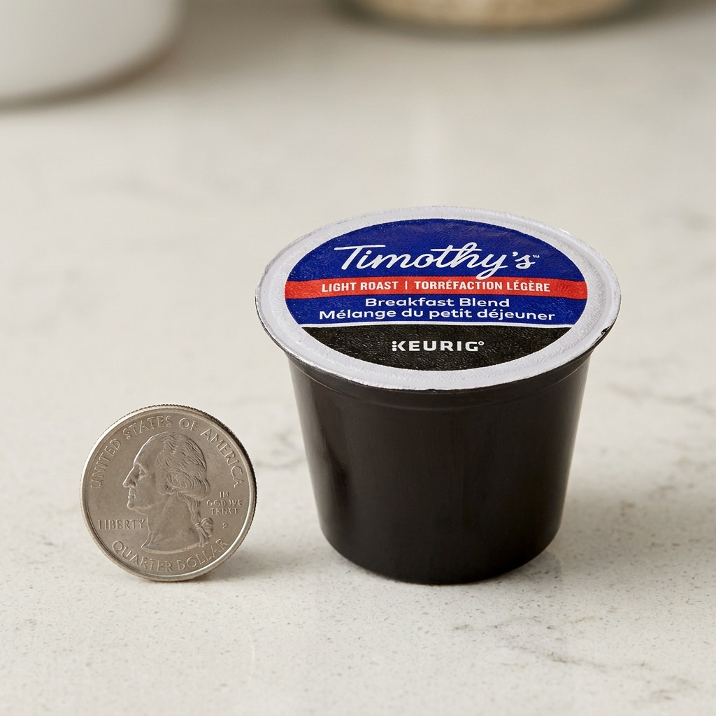 Pure high-resolution hero shot of a single Timothy's Breakfast Blend K-Cup, exactly as referenced in image_0.png, centrally positioned on a pure white background with a subtle, soft shadow, suitable for a Shopify product page. All label details, colors, and the Keurig logo are sharp and clear.