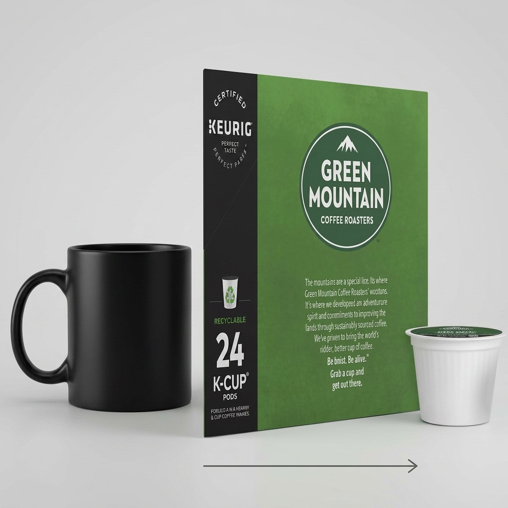 A high-resolution, centered view of the Keurig Green Mountain Dark Magic 24-can coffee cartridge box over a pure white background. The box's shape, green design, mountain illustration, the "CERTIFIED KEURIG" stamp, and all branding elements are identical to the image. A single white K-cup with a green lid sits at its base.