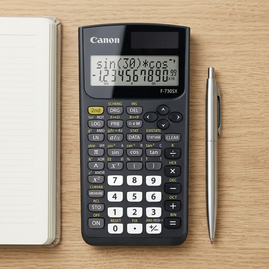 Front view of a Canon F-730SX black scientific calculator with a 2-line LCD and solar panel.