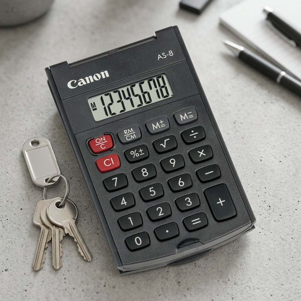 Canon AS-8 handheld 8-digit black calculator with clear LCD display and compact arc design.