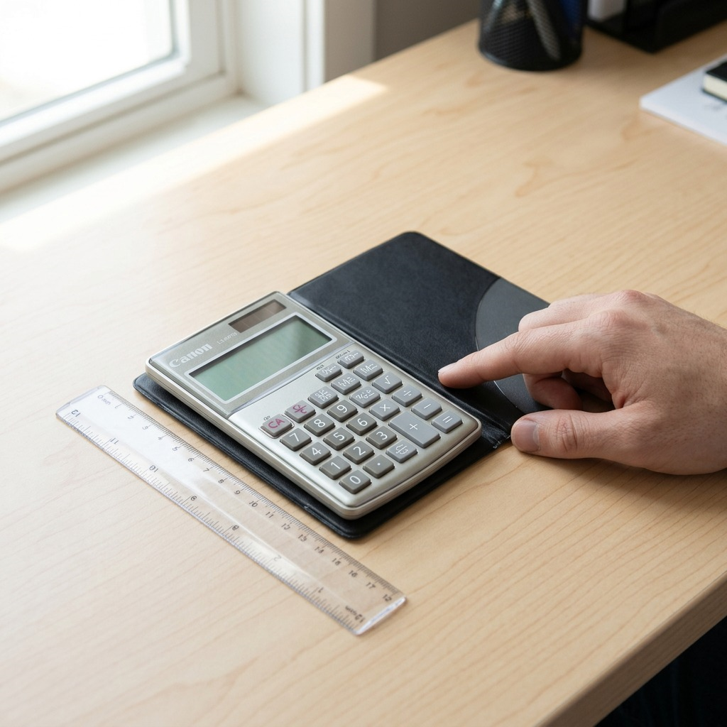 Canon LS-63TG handheld calculator in a black folding cover with 8-digit LCD and silver finish.