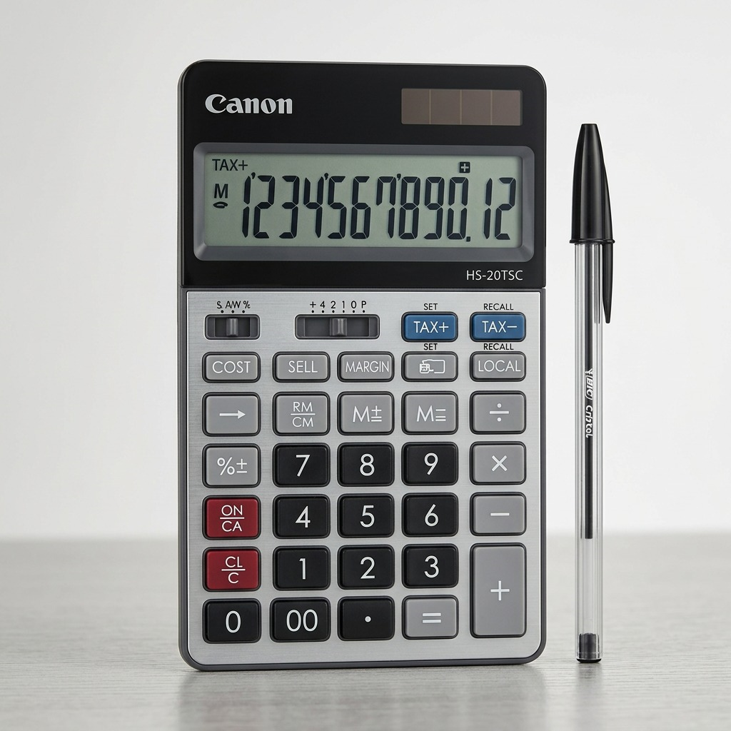 Canon HS-20TSC desktop calculator with 12-digit display, silver finish, and solar/battery power.