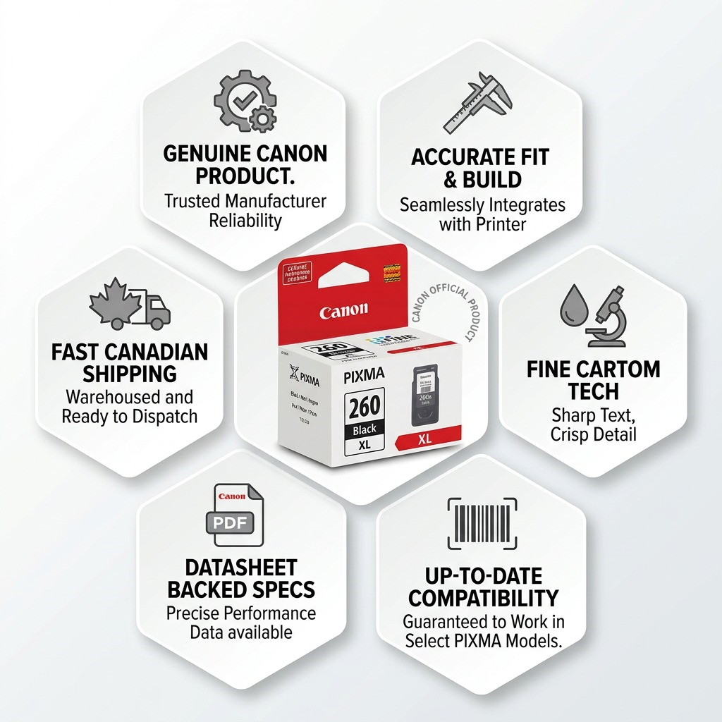 A premium, high-resolution hero shot showcasing a Canon PG-260XL Black Ink Cartridge.