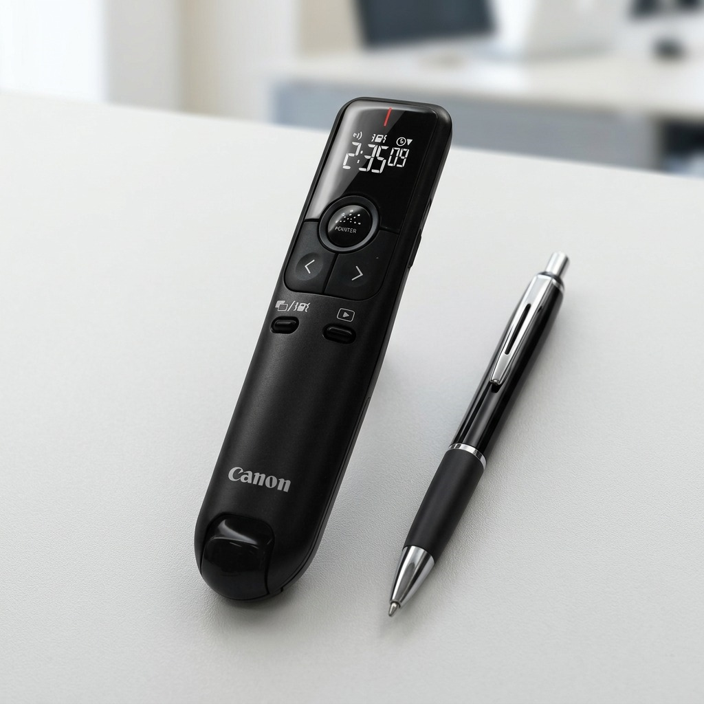 A high-resolution, centered view of the black Canon PR100-R presenter remote on a pure white background.