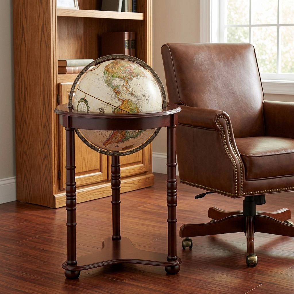 Pure high-resolution hero shot of the Westminster floor globe on dark wood stand, isolated on white.