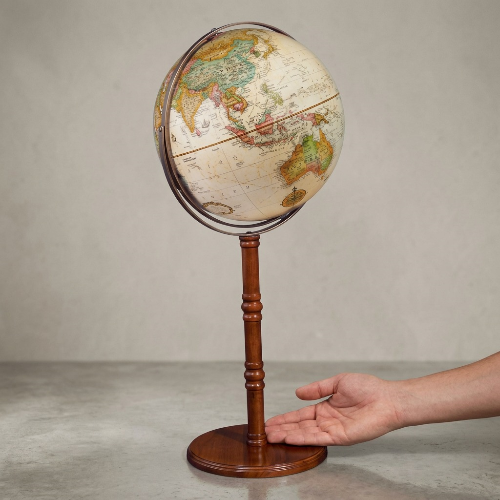 A detailed studio photograph of the Replogle Commander II floor globe, a 16-inch antique-ocean sphere on a dark cherry stand.