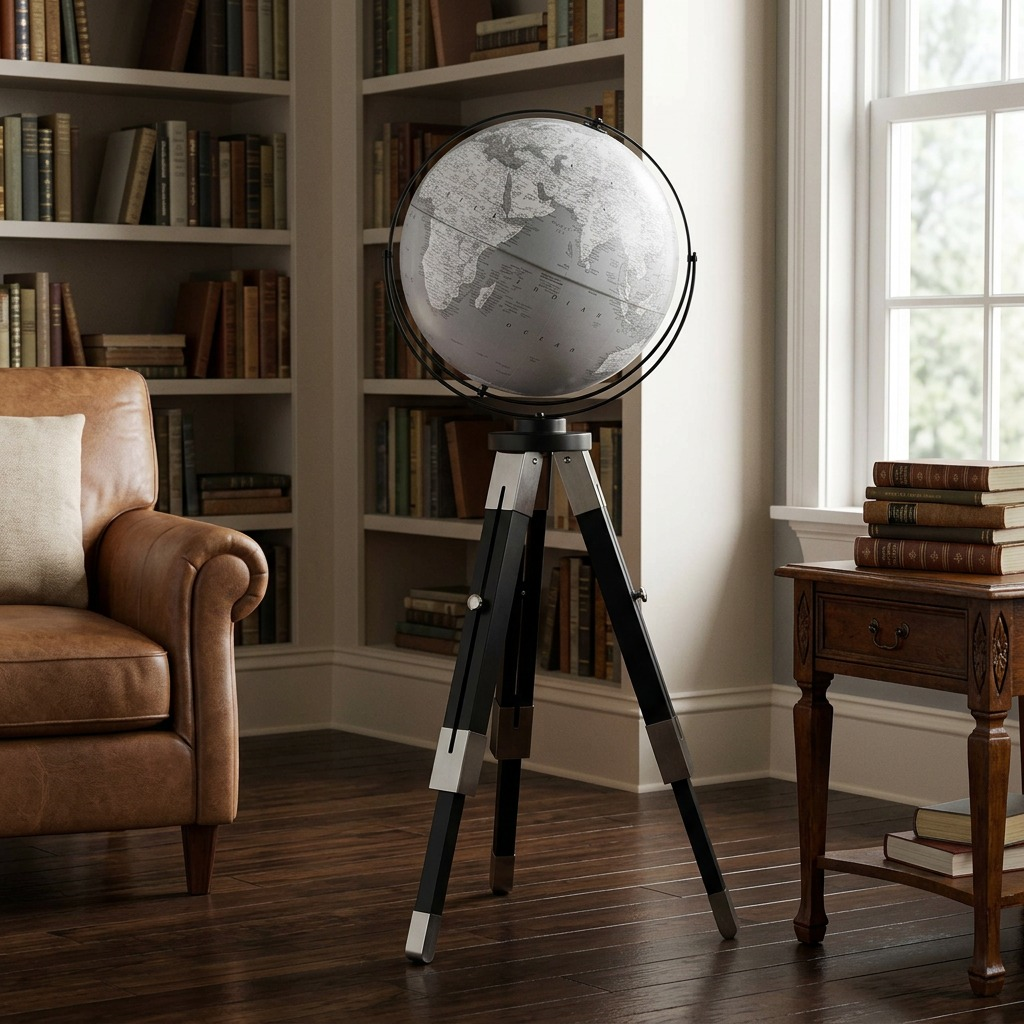 Macro view of the Willston globe, highlighting cartography detail, metal meridian, and printing quality.