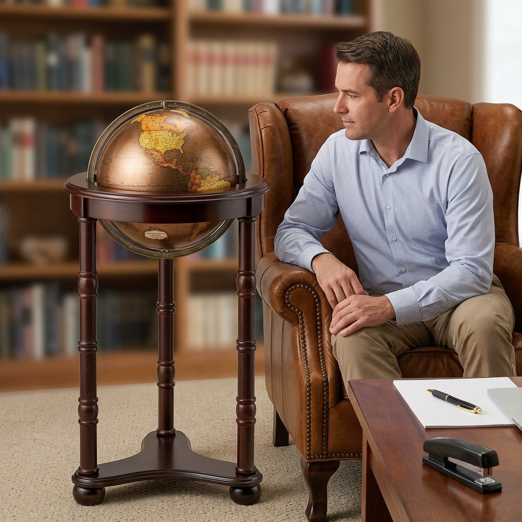 High-resolution 3/4 hero shot of the dark cherry wood Replogle Lancaster globe stand with bronze metallic floor globe, against a pure white background.