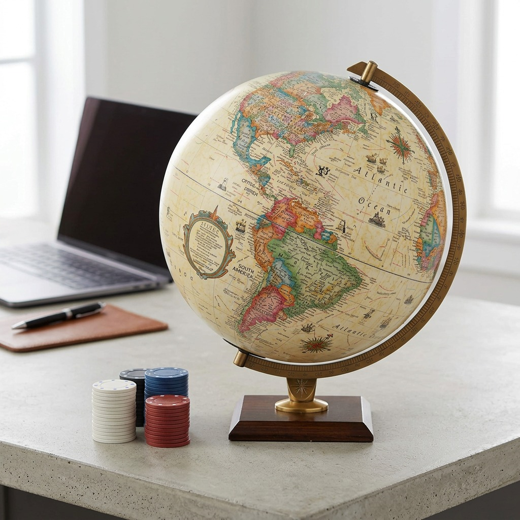 Replogle Globes Carlyle 12" Antique Ocean French desk globe on a wooden base with illuminated feature. (UPC 039231835532)