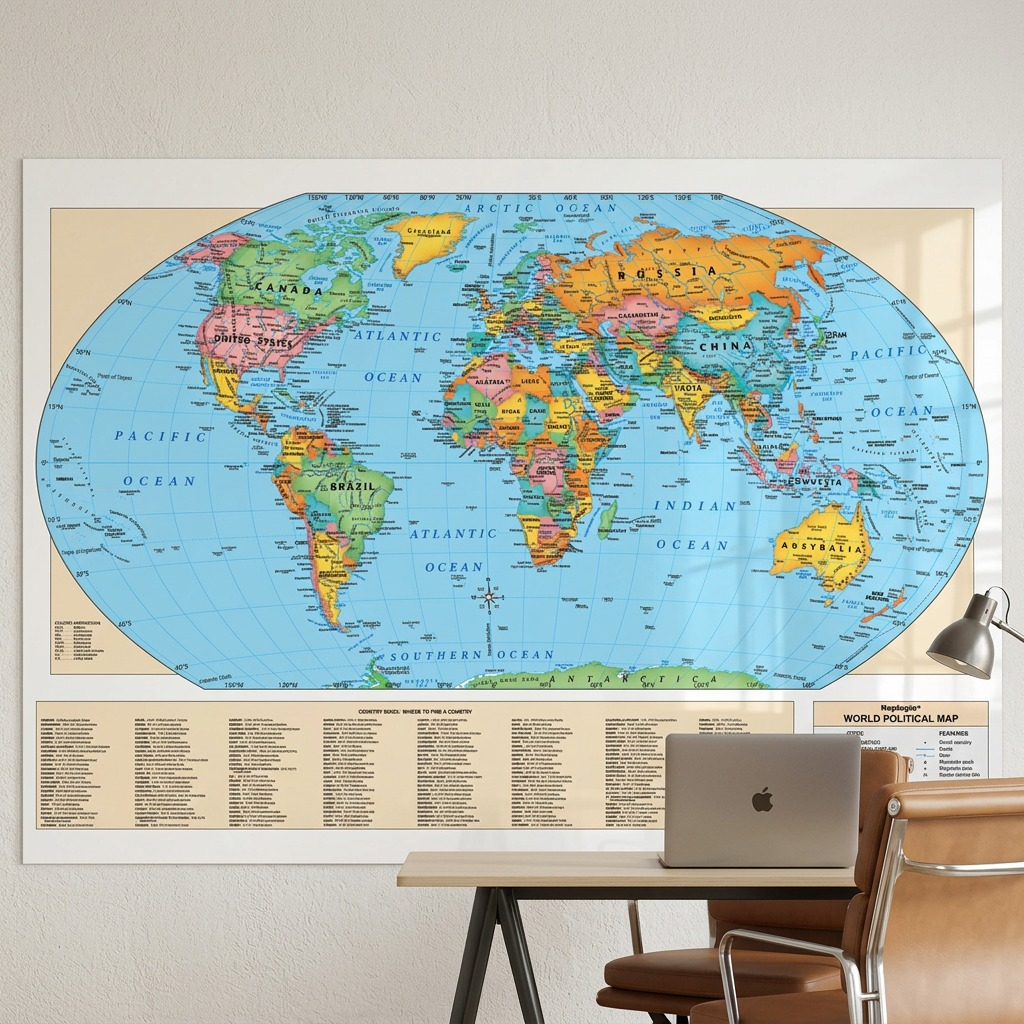 A premium, pure high-resolution ecommerce hero shot of the Replogle Globes WORLD WALL MAP - 6/1 - Laminated Blue, MPN: 72119, UPC: 039231721194, centered against a clean white background.
