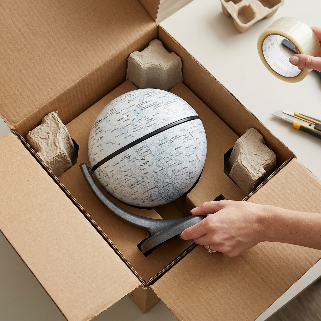 A detailed-rich lunar globe from Replogle Globes featuring accurate cartography and Apollo landing sites.