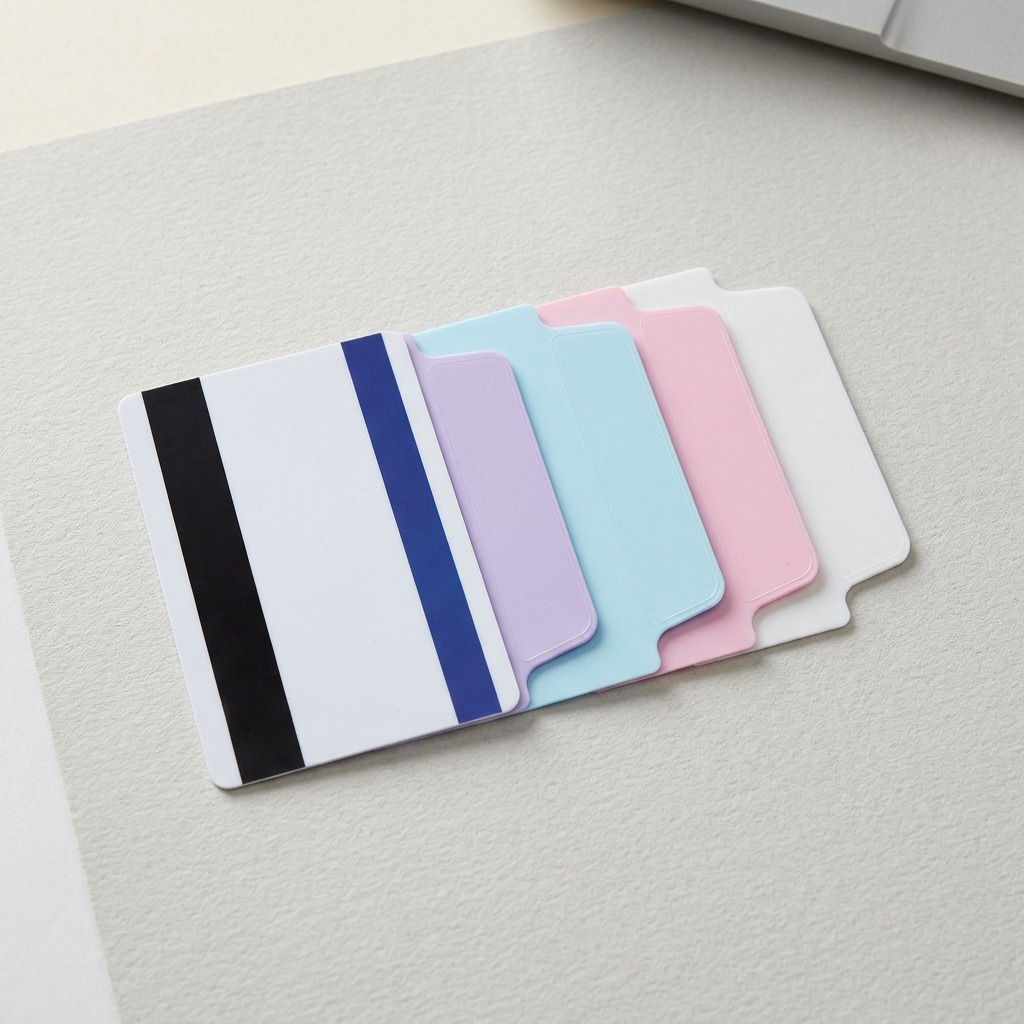 A high-resolution photograph of individual Avery UltraTabs in pastel blue, lavender, and pink, plus one all-white tab, neatly arranged against a pure white background. Each tab has a clear two-sided writeable area from the source material and is shown to realistic scale with sharp edges and realistic lighting. All packaging and text have been removed.