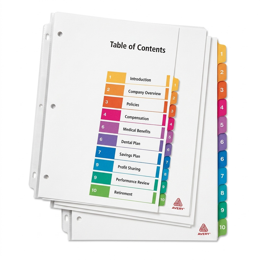 Avery 11135 Ready Index 10-tab dividers with multicolor numbered tabs and Table of Contents page.