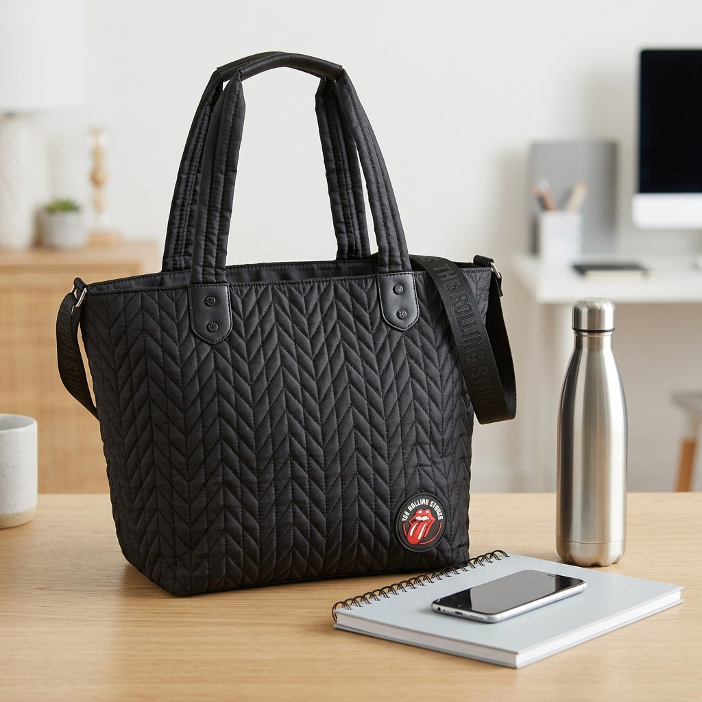 A pure high-resolution hero shot of the black quilted Bugatti The Rolling Stones Ionic Tote Bag.