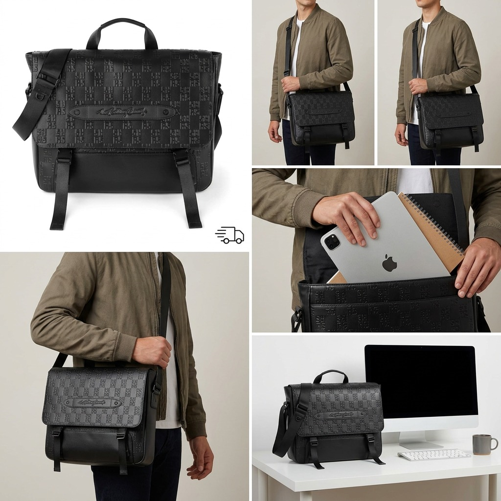 A high-resolution, centered view of the black Bugatti The Rolling Stones leather messenger bag on a white background. It features a unique all-over RS monogram pattern and buckle closures.