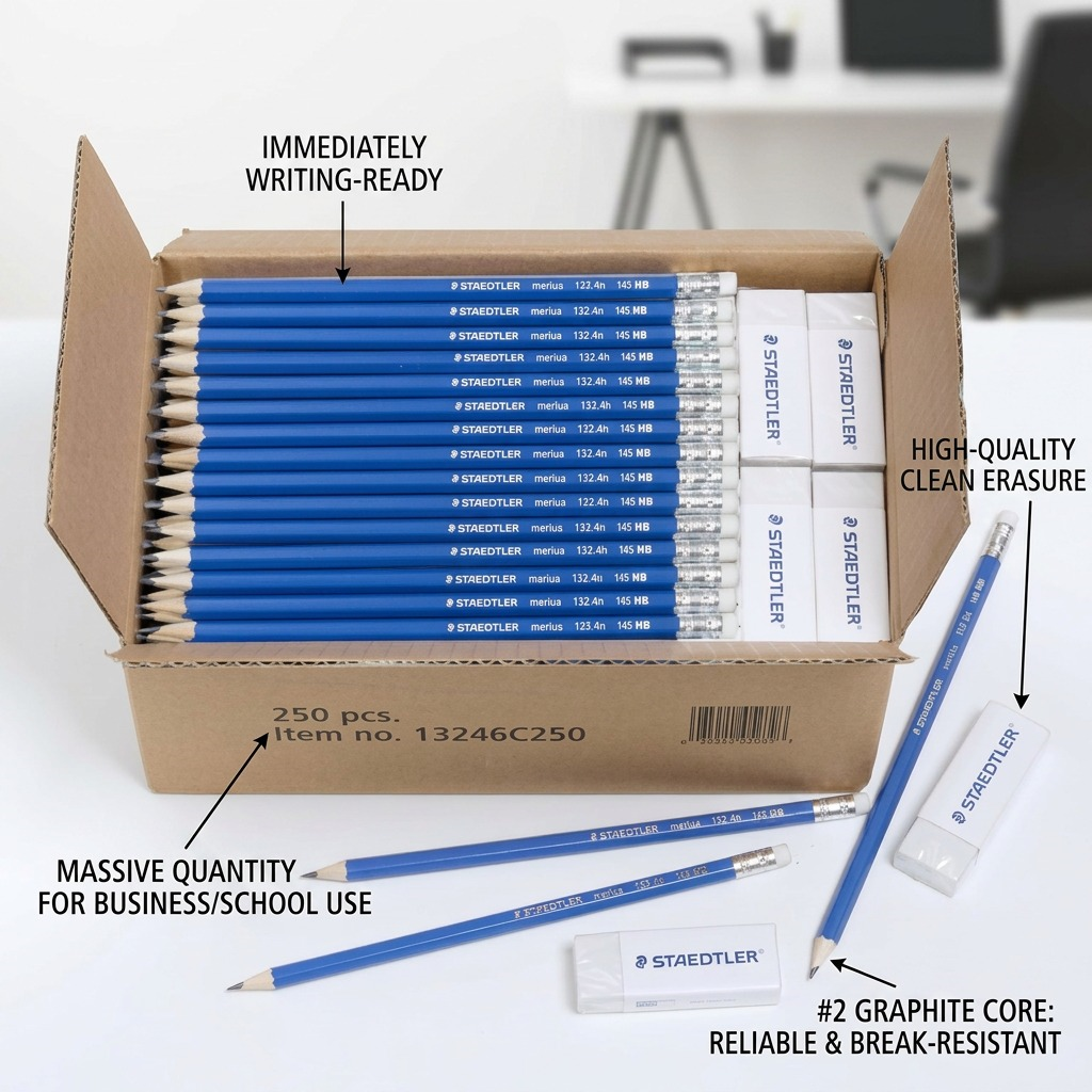 A feature graphic for Staedtler #2 pencils with callouts for immediate writing and massive quantity.