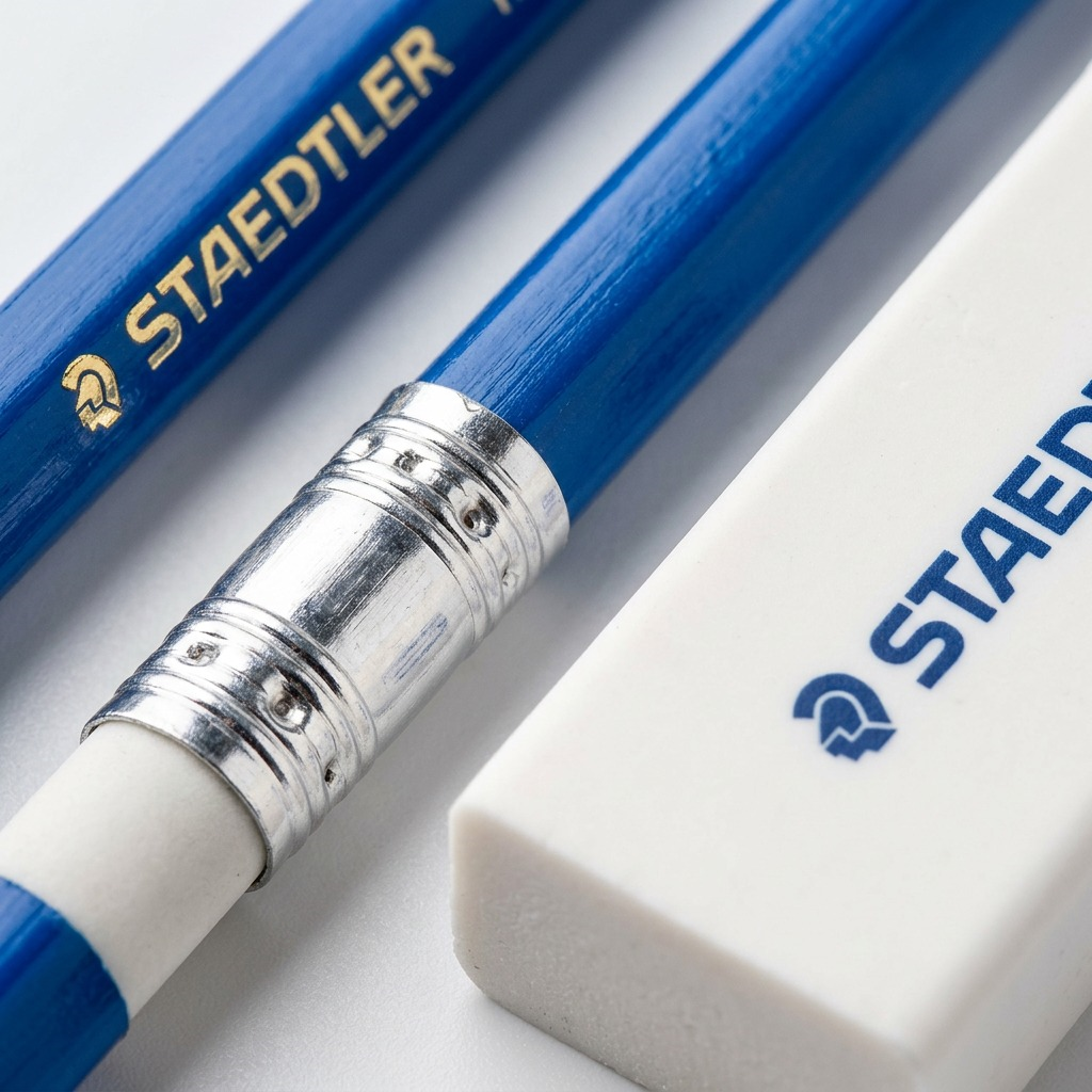 Macro photo of a blue Staedtler pencil with crisp gold logo and a white Staedtler block eraser.