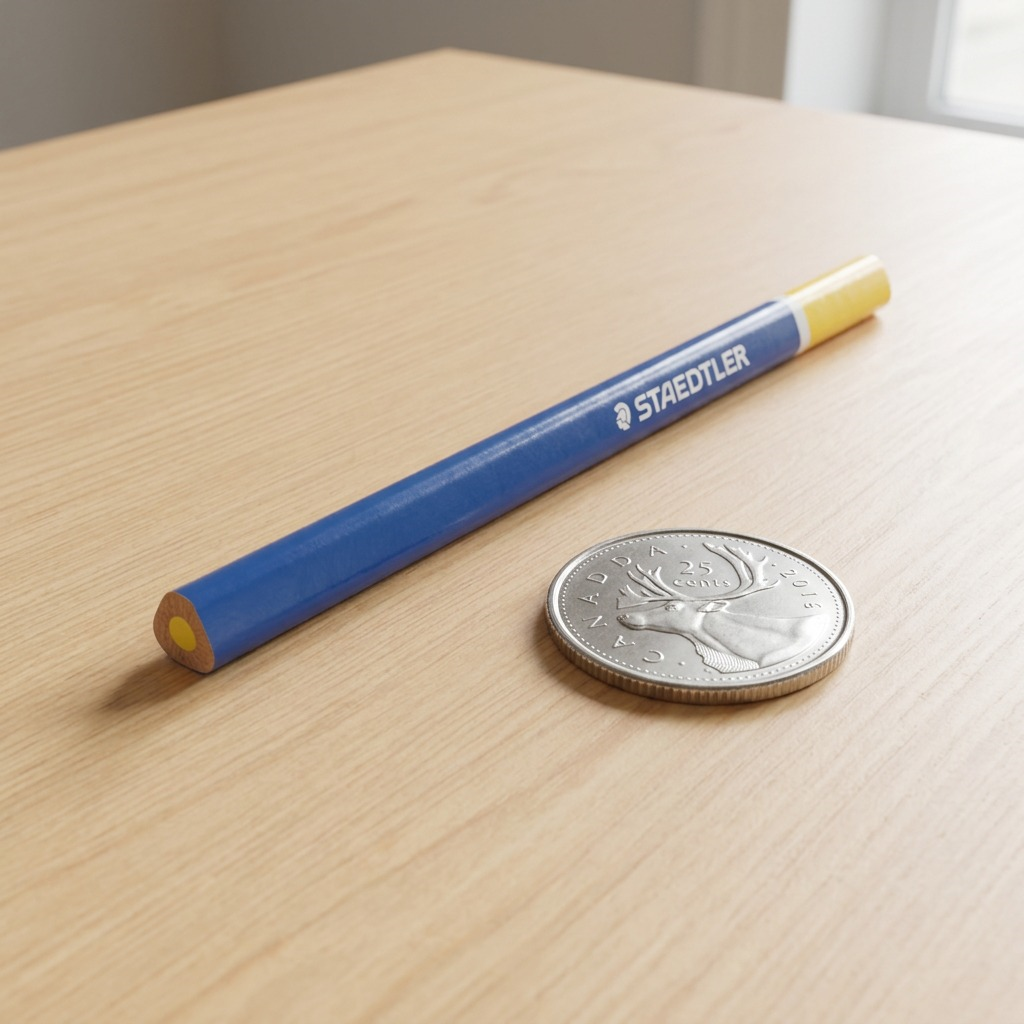 PDP image of STAEDTLER triangular colored pencil alongside a standard Canadian quarter on a light wood desk, illustrating accurate product scale.