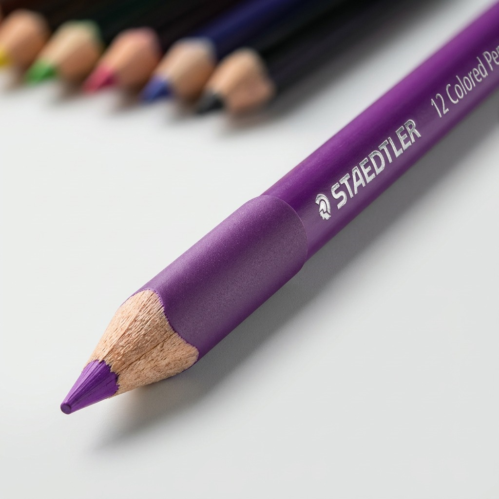 Macro photograph focusing on the textured painted barrel, embossed silver logo, and precise sharpened wood point of a purple STAEDTLER triangular colored pencil.