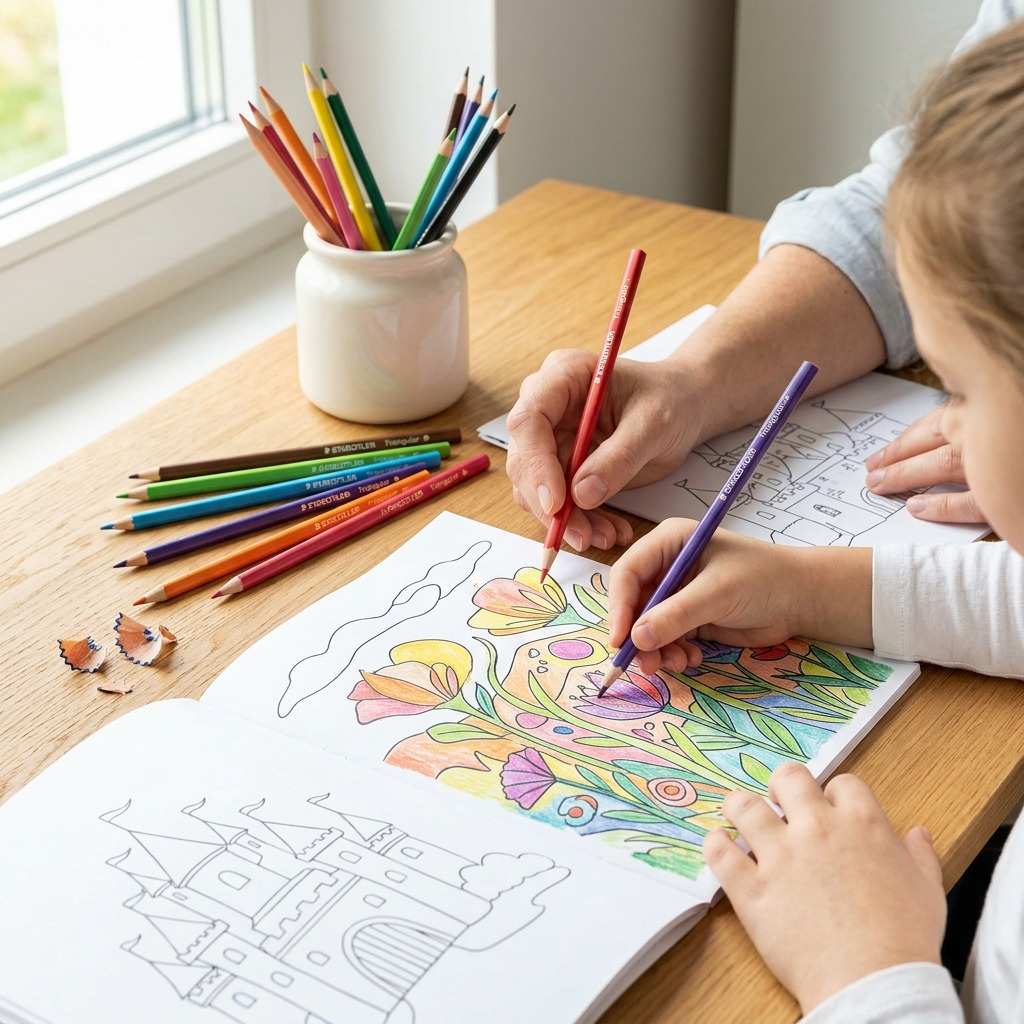Lifestyle image showing a child and an adult happily coloring together with several STAEDTLER triangular colored pencils on a clean wooden desk.
