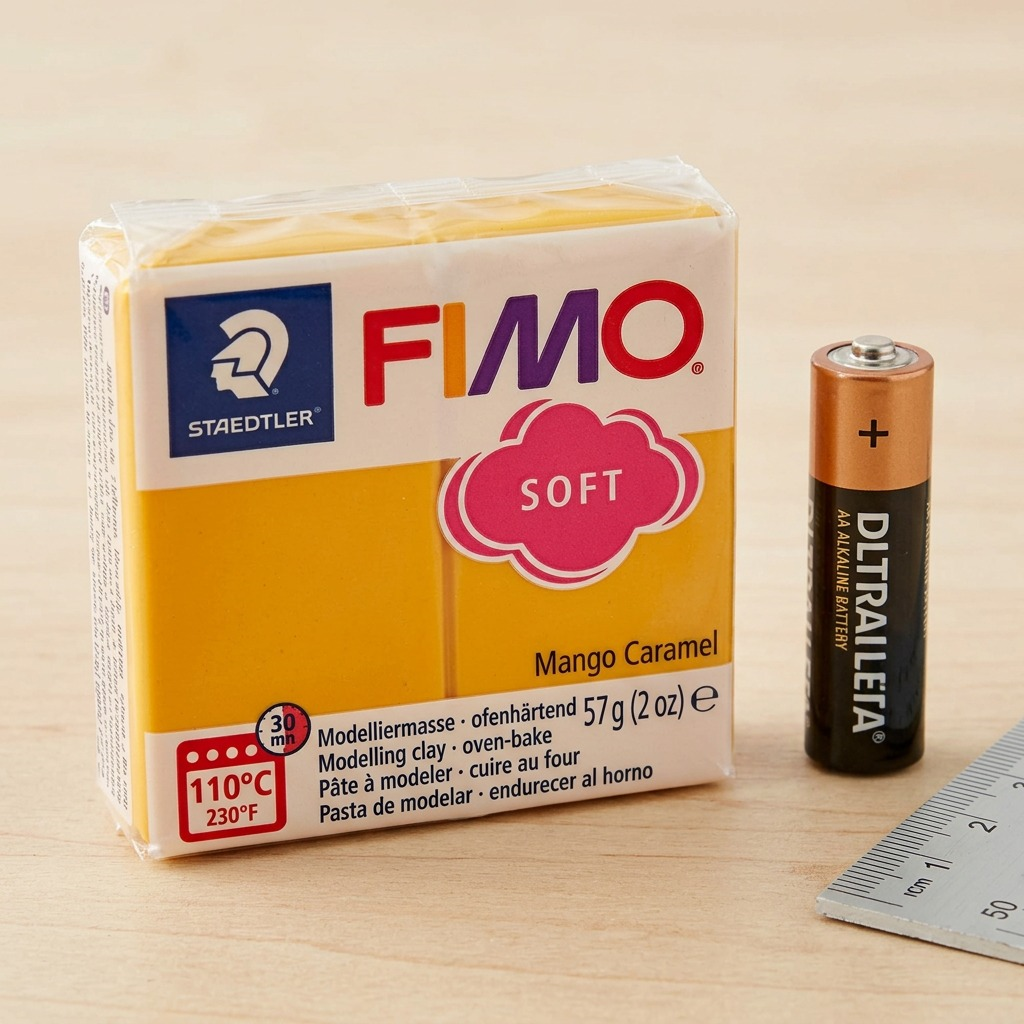 High-resolution hero shot of STAEDTLER Fimo Soft Mango Caramel modeling clay block on white.