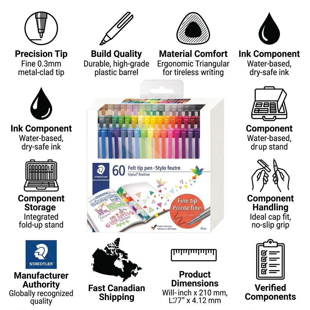 An ecommerce infographic visual matrix building trust and authority by verified details such as "Fine 0.3mm Tip," "60 Vibratn Colors," "Ergonomic Triangular Shape" for the STAEDTLER Fineliner triplus product.