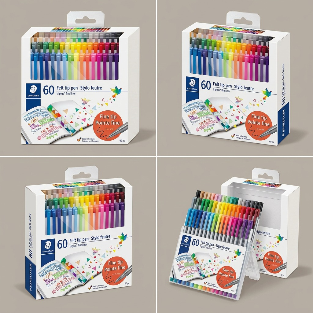 A product variant matrix featuring the STAEDTLER triplus 60pc fineliner set from multiple useful angles.