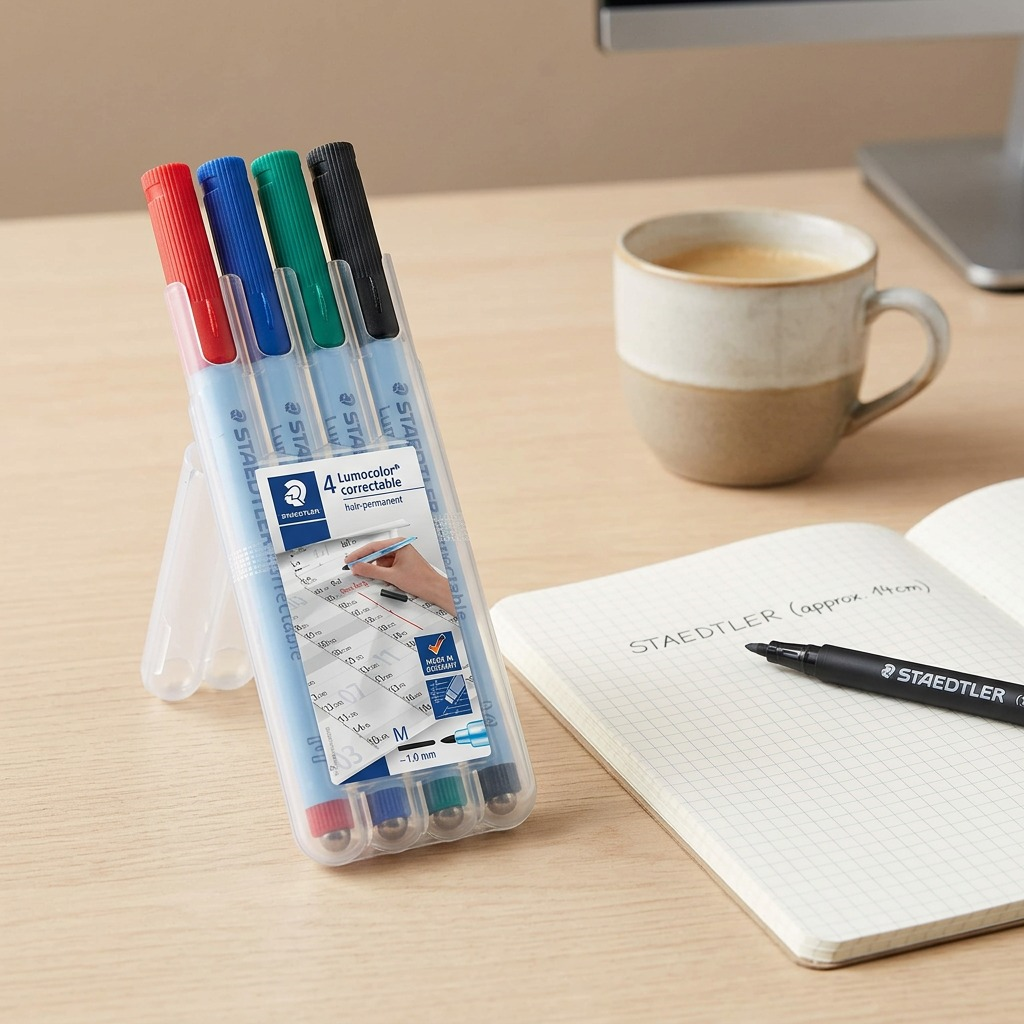 Pure hero shot of the STAEDTLER Lumocolor correctable marker set (305M-WP4-102) in its clear case on a white background.