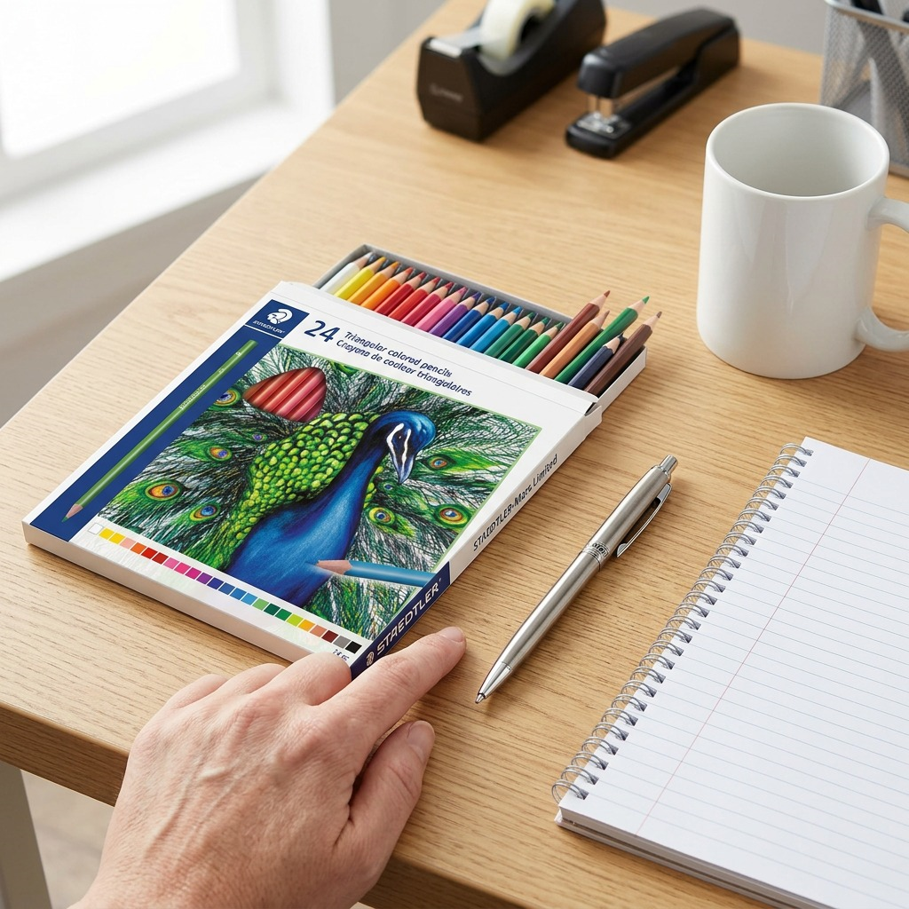 A clean ecommerce hero shot of a single green STAEDTLER triangular colored pencil with white text.