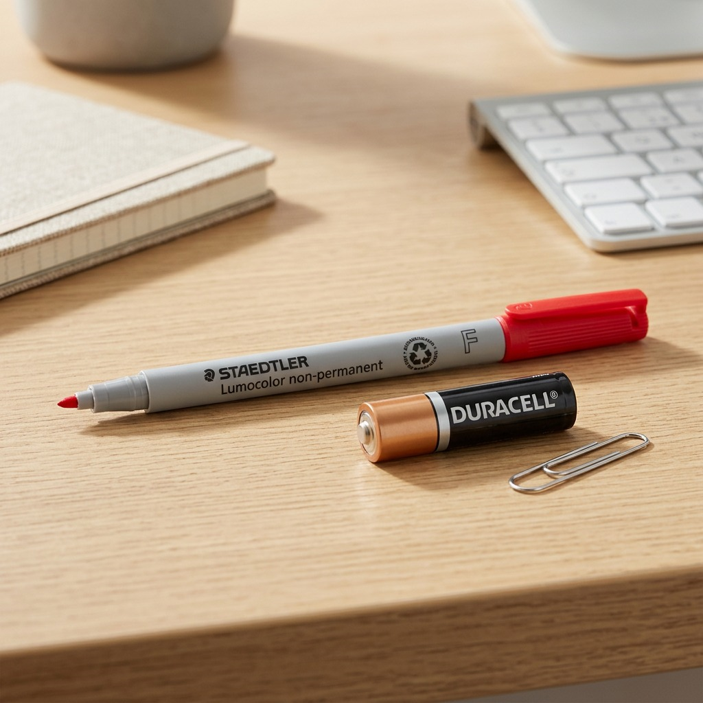 Pure high-resolution hero shot of the STAEDTLER Lumocolor non-permanent fine-point red marker against a pure white background.