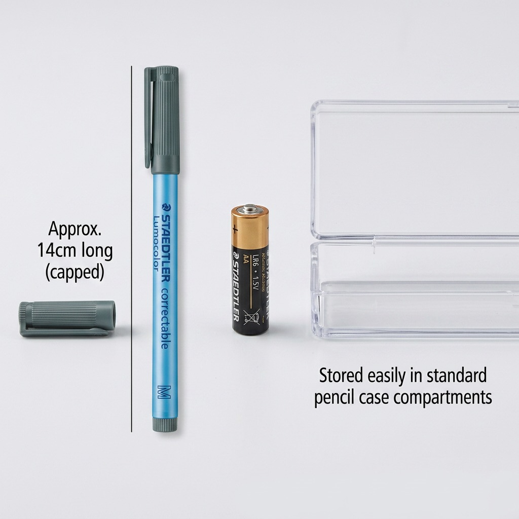 A clean, center-focused product photograph of a whole blue STAEDTLER Lumocolor whiteboard marker, shown horizontally.